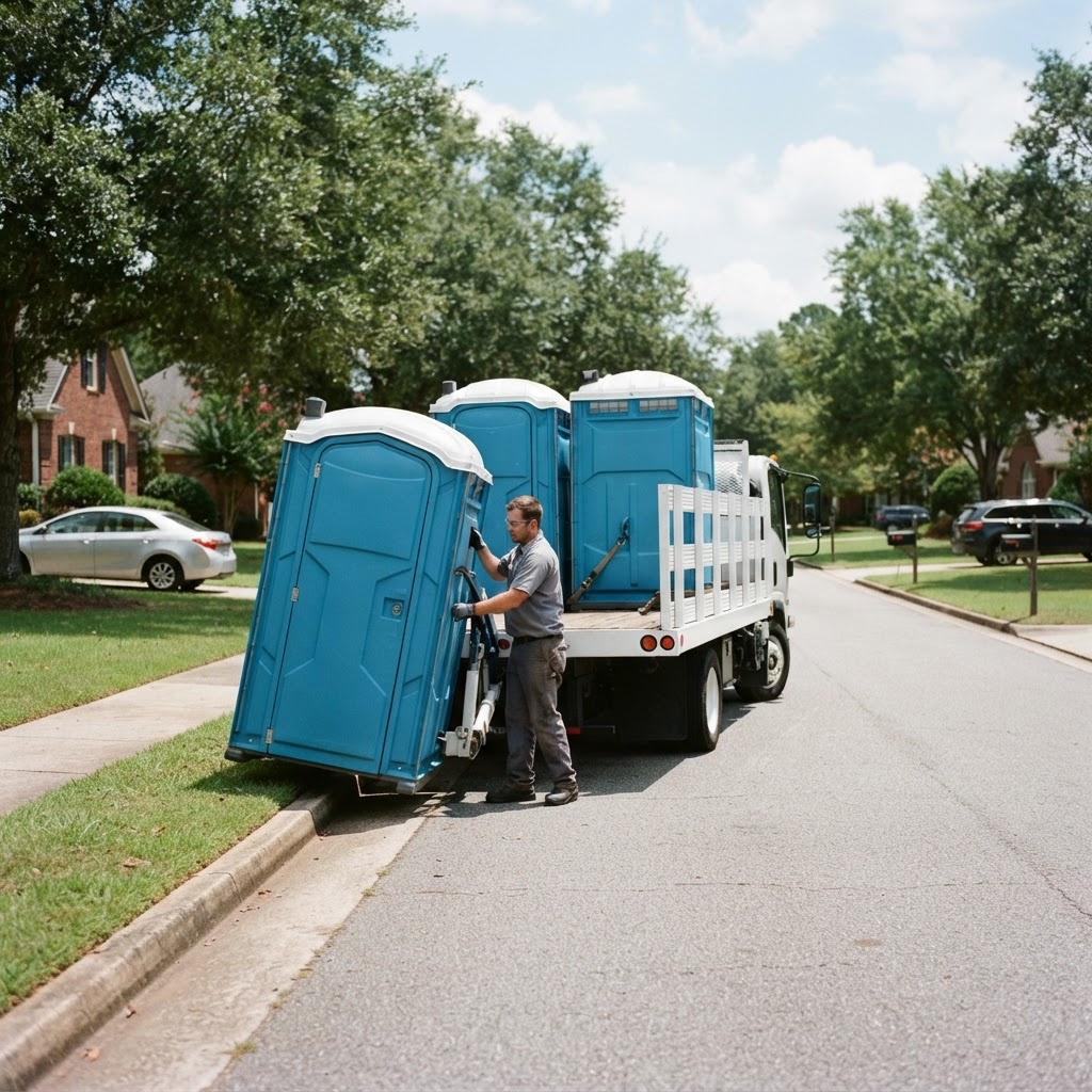 PrimeFleet delivery truck servicing portable restroom units