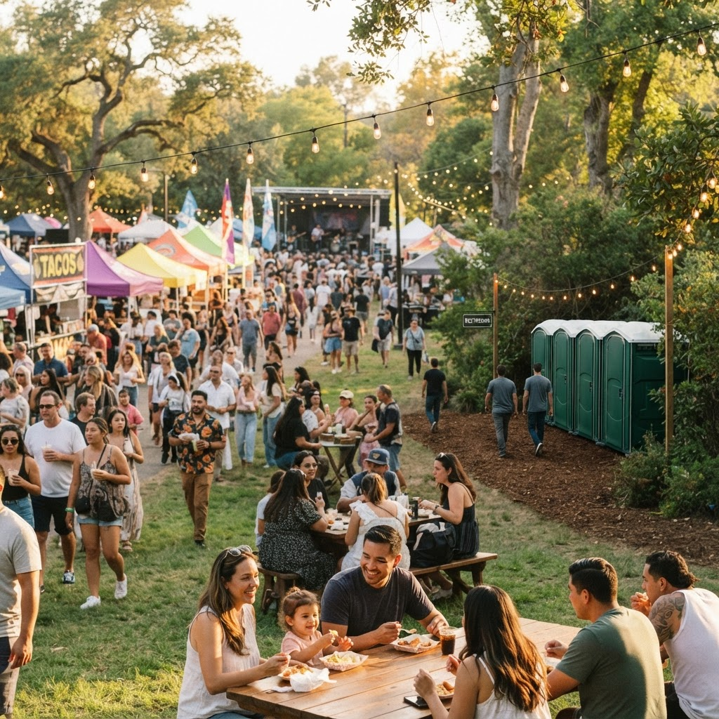 Portable restrooms at an outdoor festival in Birmingham