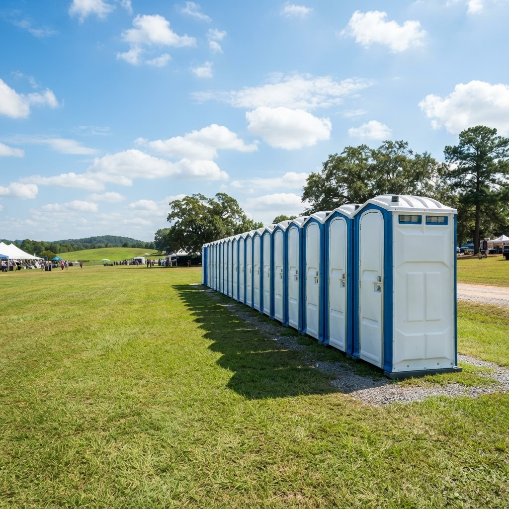 Row of clean portable restroom units set up for an outdoor event in Birmingham, Alabama